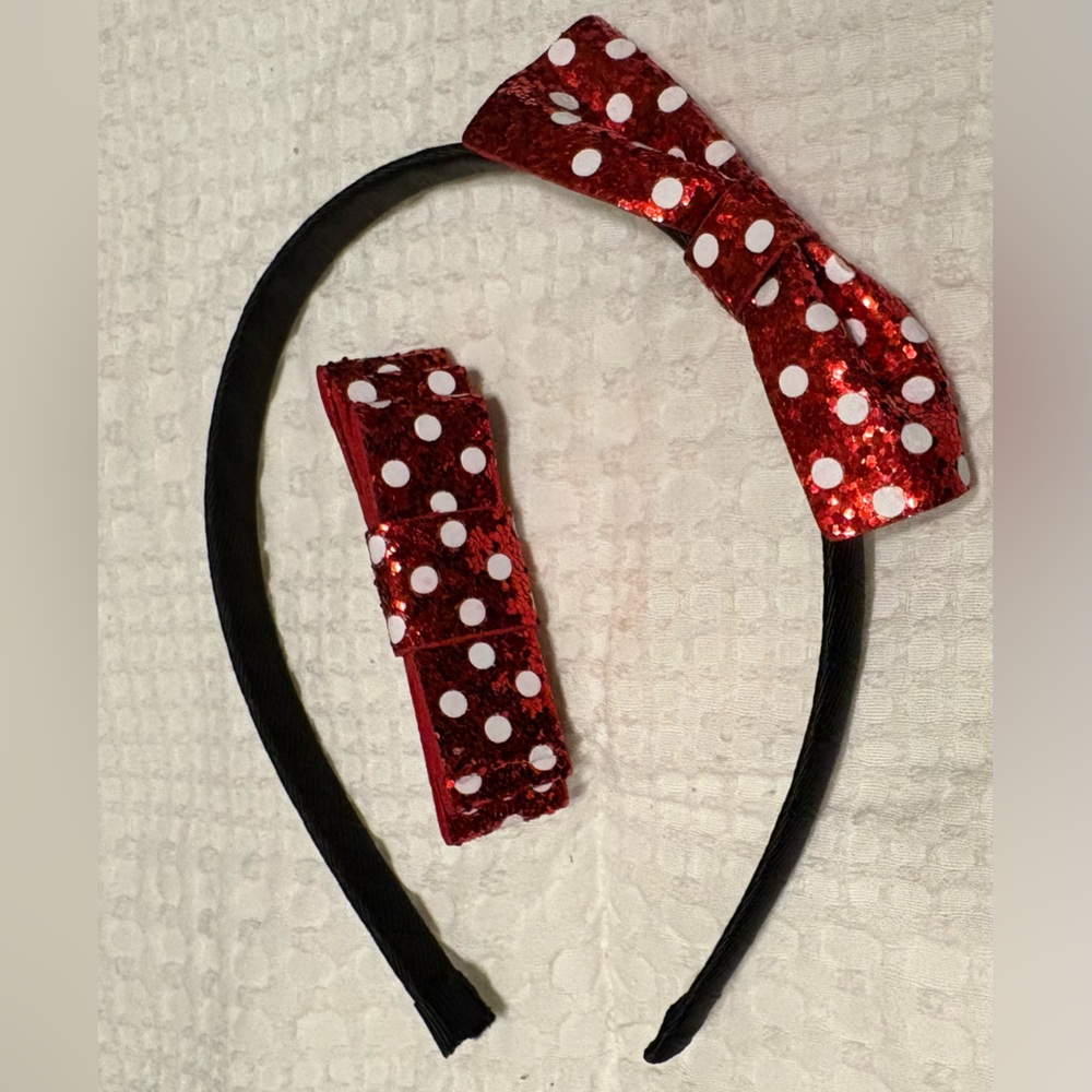 Sparkling Red Polka Dot Disney Kids Headband and Barrette Set.